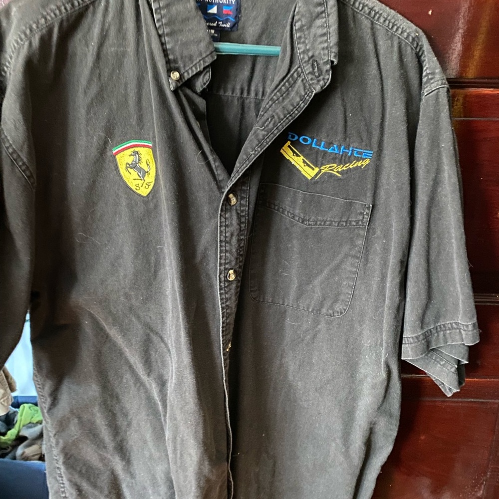 Black Racing Logo Button-Up Shirt with Embroidered Patches Ferrari